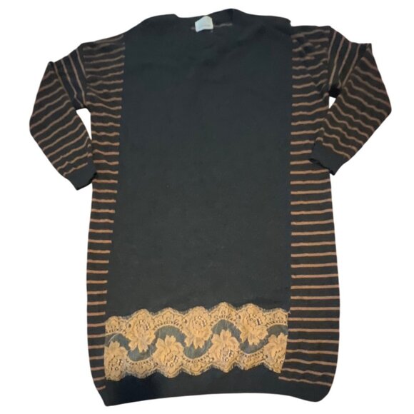GUARDAROBA  Striped Black Brown Wool Cashmere Angora Sweater Dress Lace Accent - Picture 1 of 7